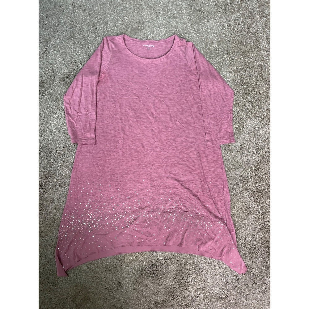 Soft Surroundings Women's Pink 3/4 Sleeve Tunic Top Sequin Embroidered Size 1X